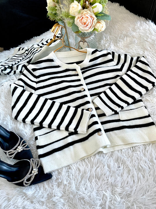 Black and white striped wool knitted cardigan 1