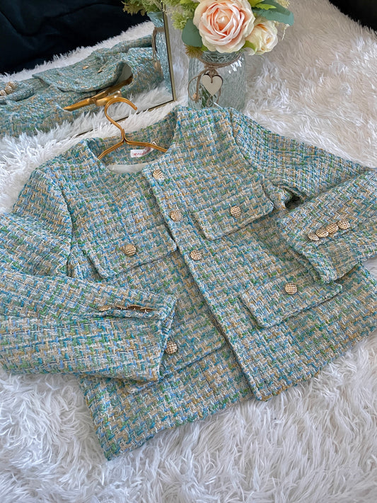 Mint Plaid Tweed Short Coat