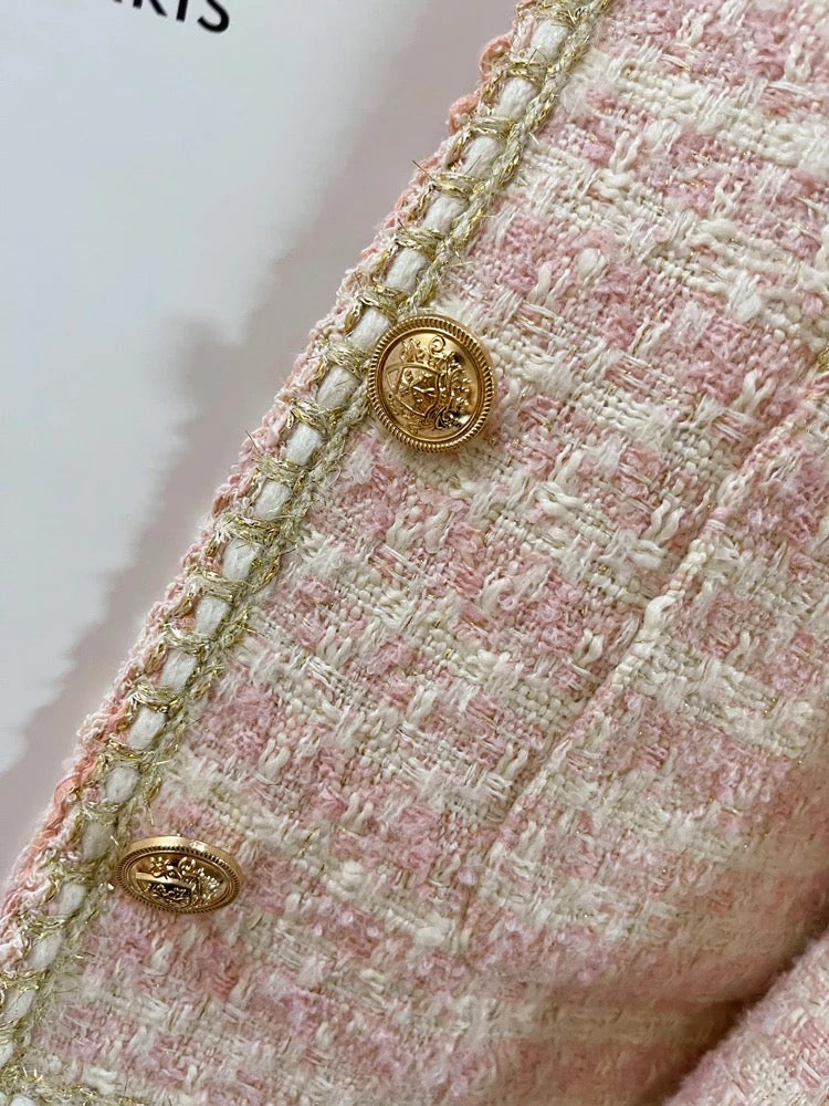 Pink tweed jacket with gold button