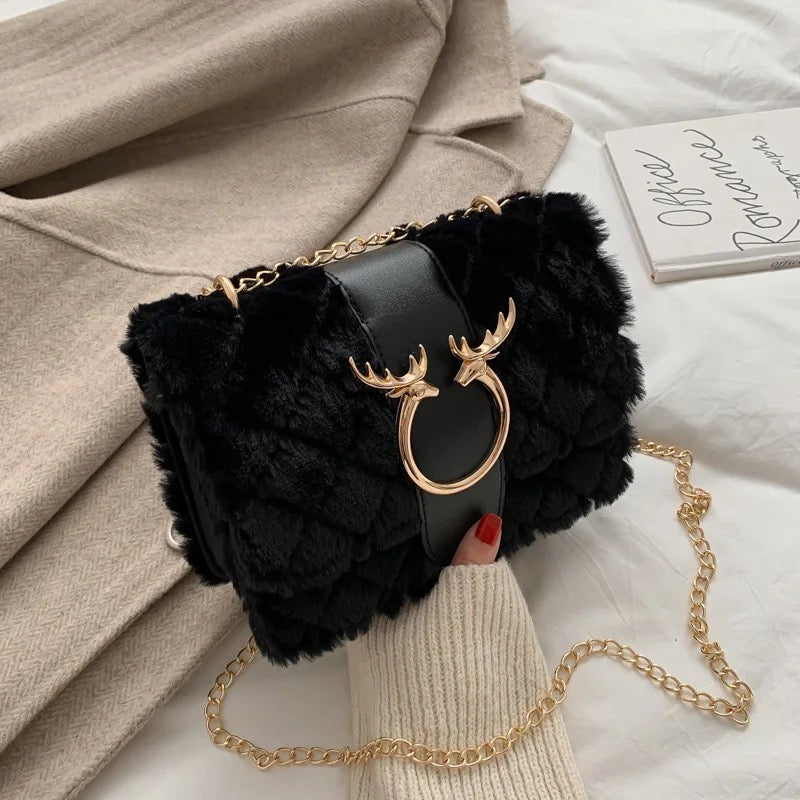 Black fur with gold decor bag