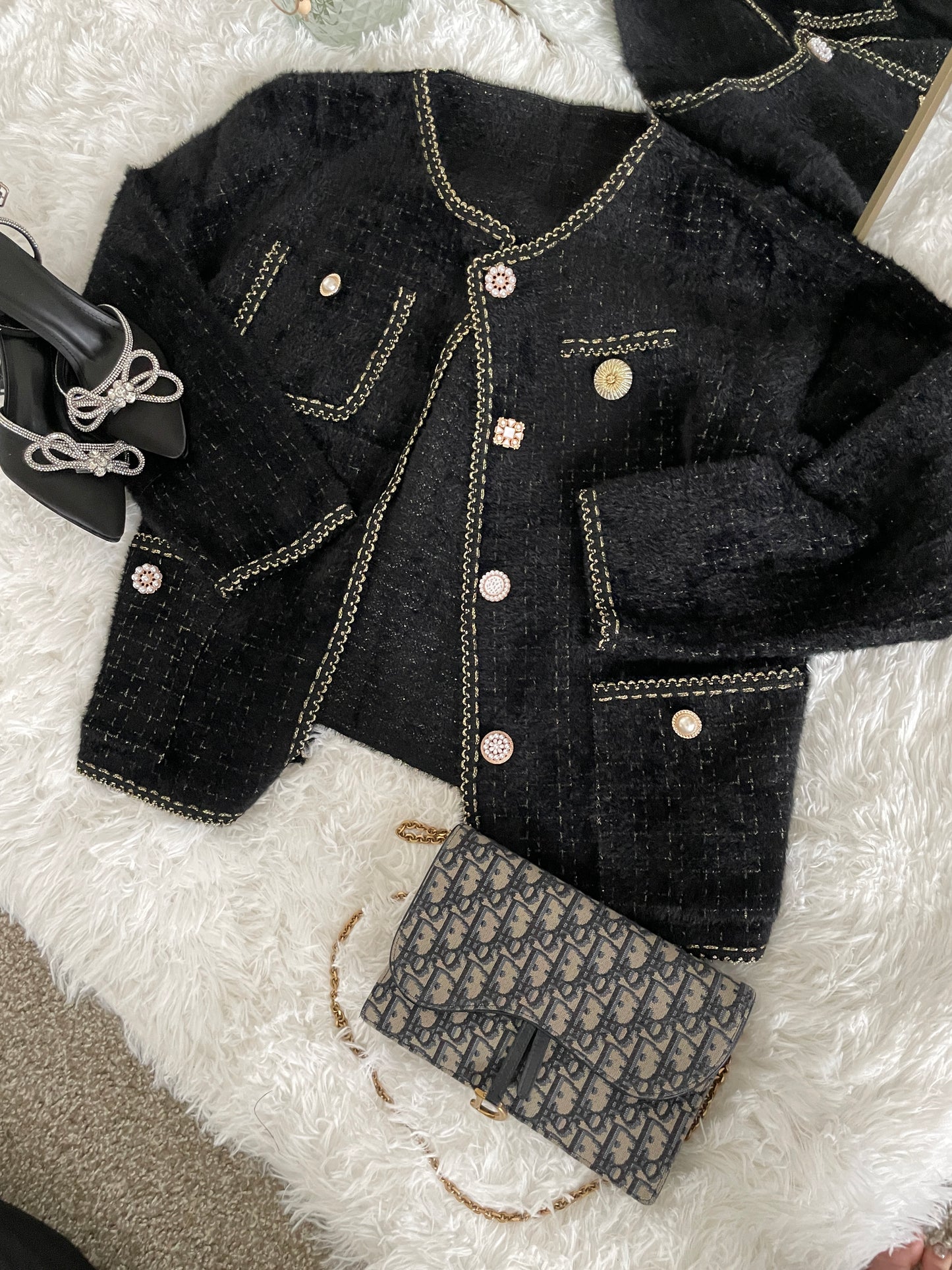 French girl fuzzy tweed jacket