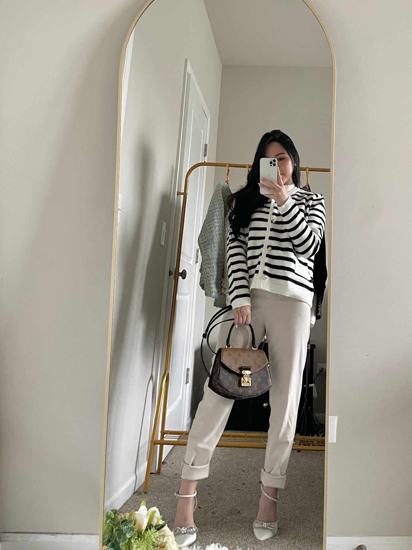 Black and white striped wool knitted cardigan 1