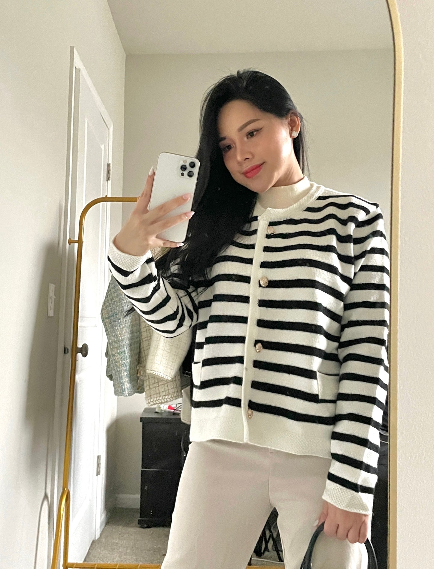 Black and white striped wool knitted cardigan 1