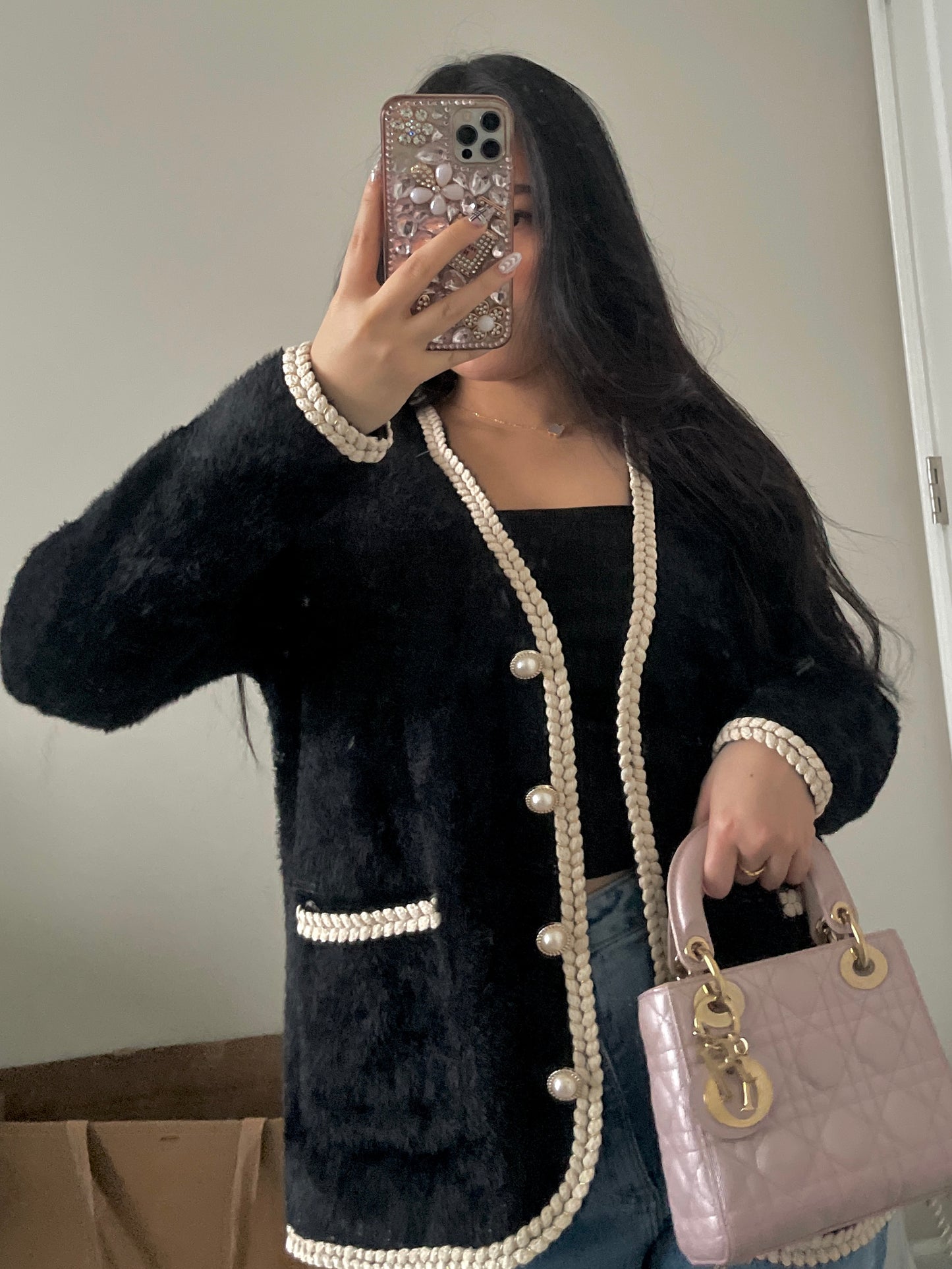 Black classic elegant soft fur cardigan