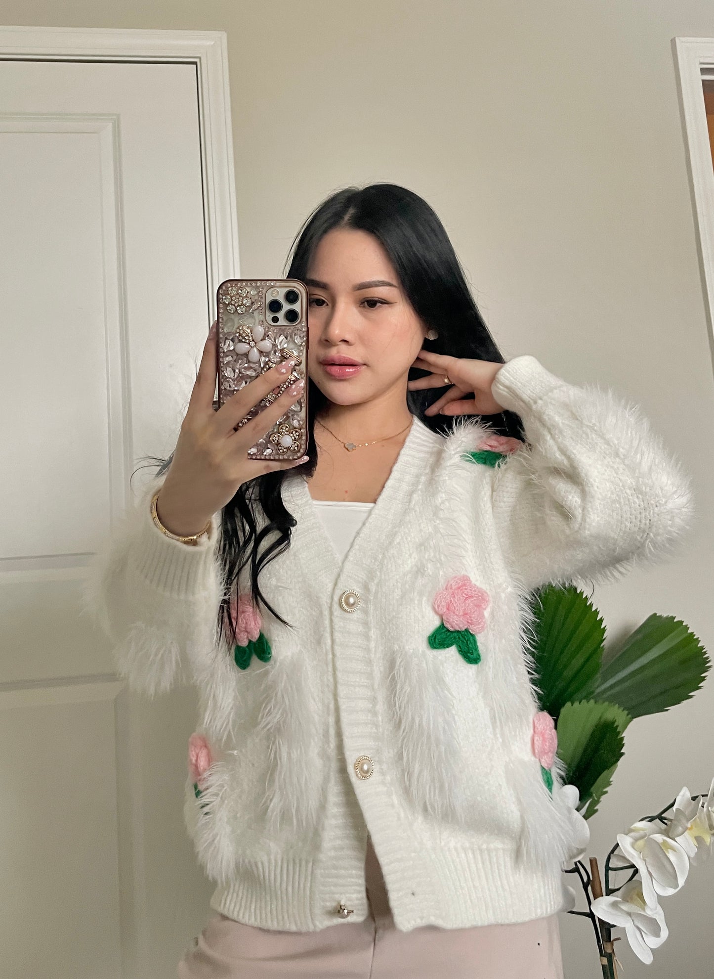 Rose fuzzy cardigan sweater