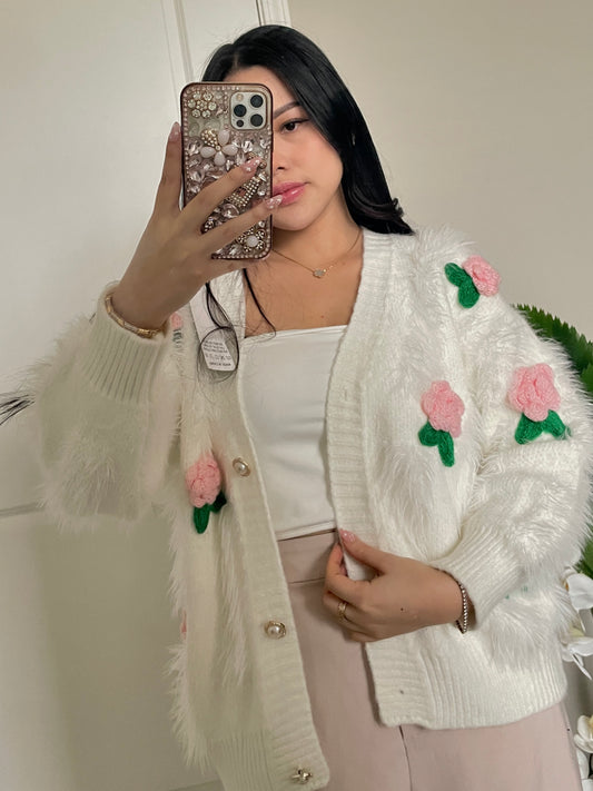 Rose fuzzy cardigan sweater