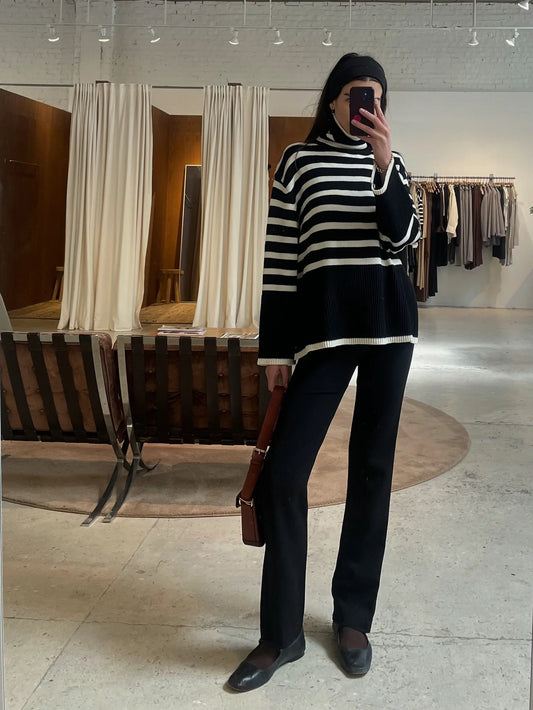 Black striped turtleneck sweater